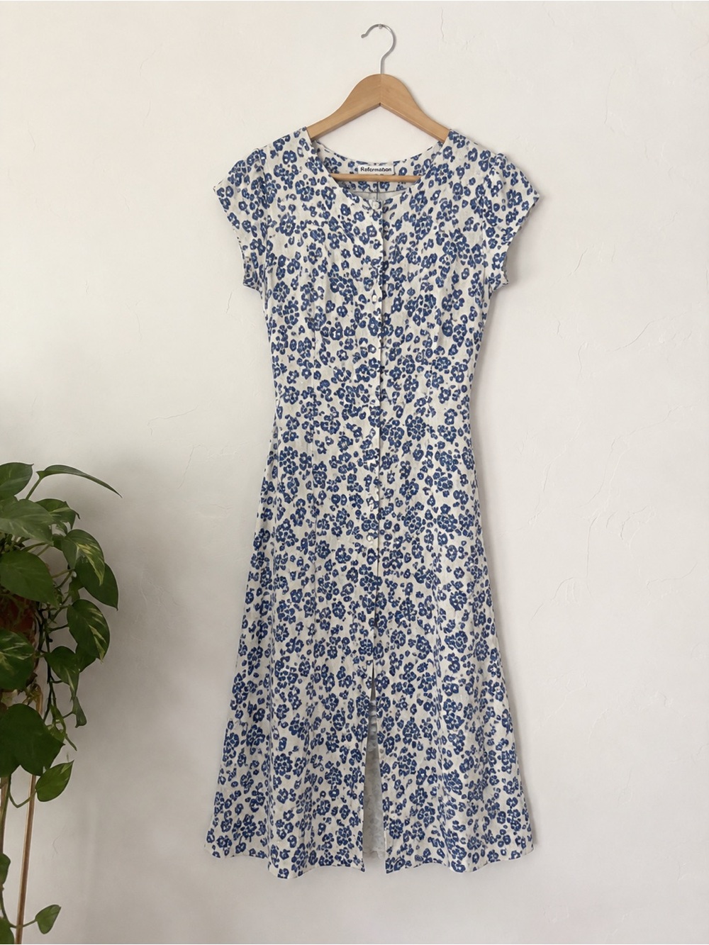 Reformation Fauna Milanesa Floral Midi Dress Blue White Cottagecore Size 6